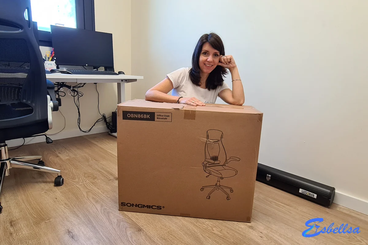 Caixa da cadeira ergonómica Songmics OBN86BK acabada de chegar ao nosso escritório