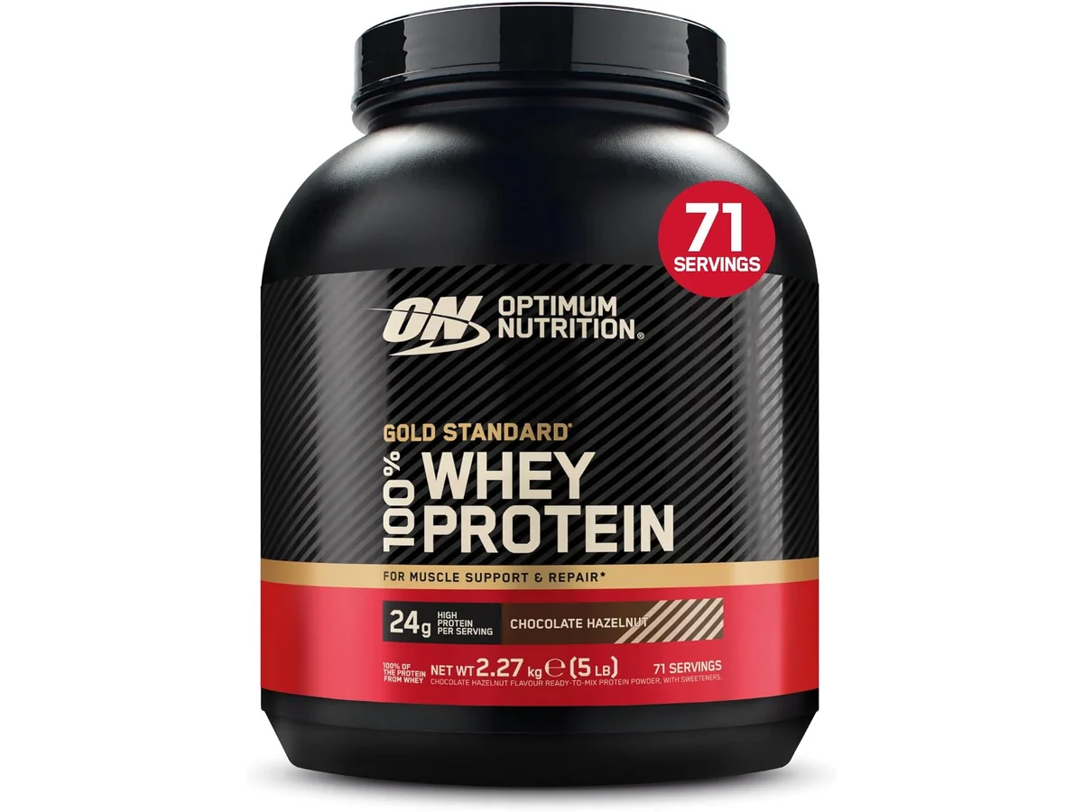 Embalagem de Optimum Nutrition Gold Standard 100% Whey em chocolate com avelã