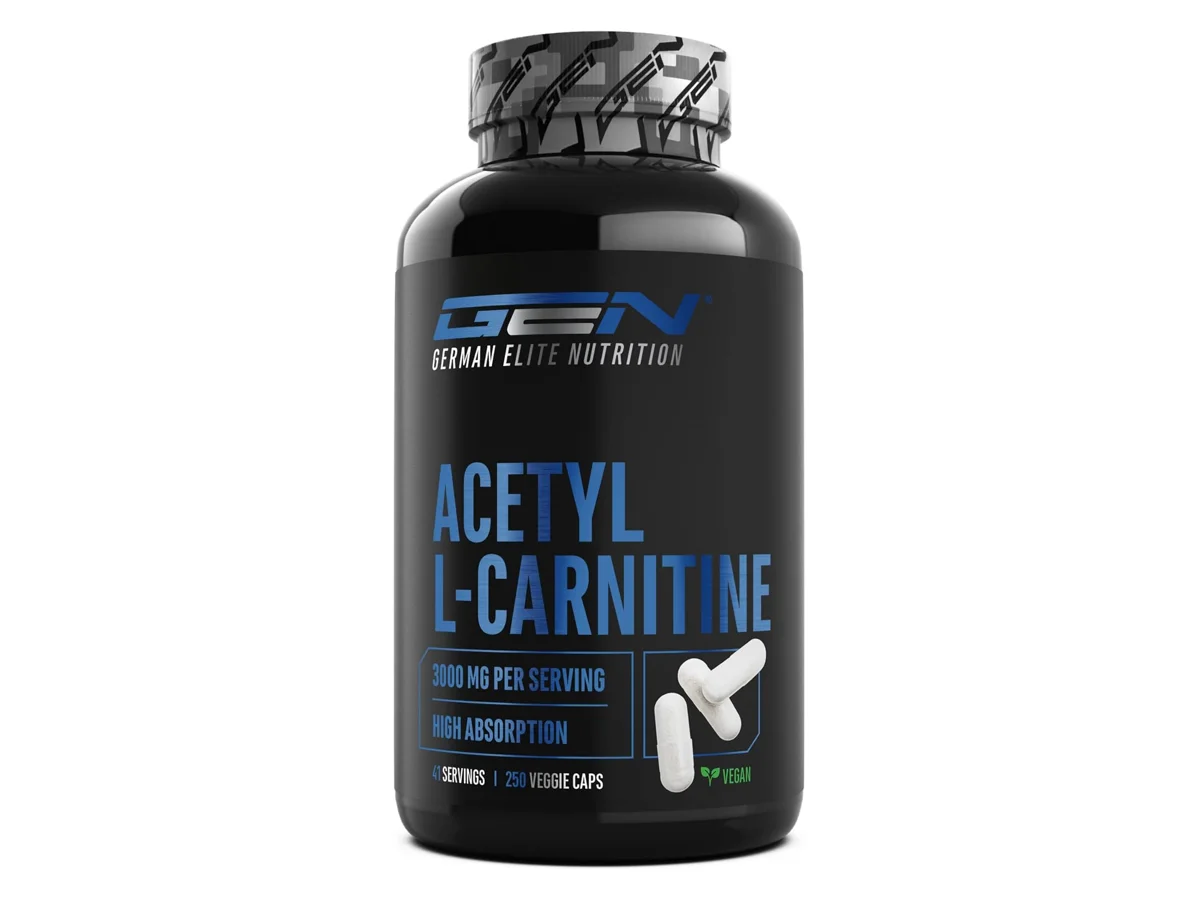 O frasco preto da GEN Acetil L-Carnitina com as cápsulas à frente