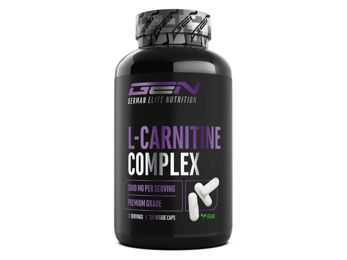 O frasco de GEN L-Carnitine Triple Complex com as suas cápsulas