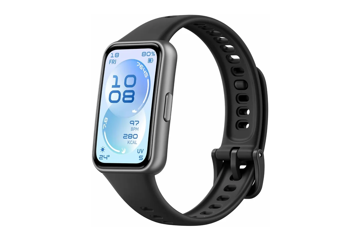 Huawei Band 11 em preto com o ecrã a mostrar pulsações e calorias