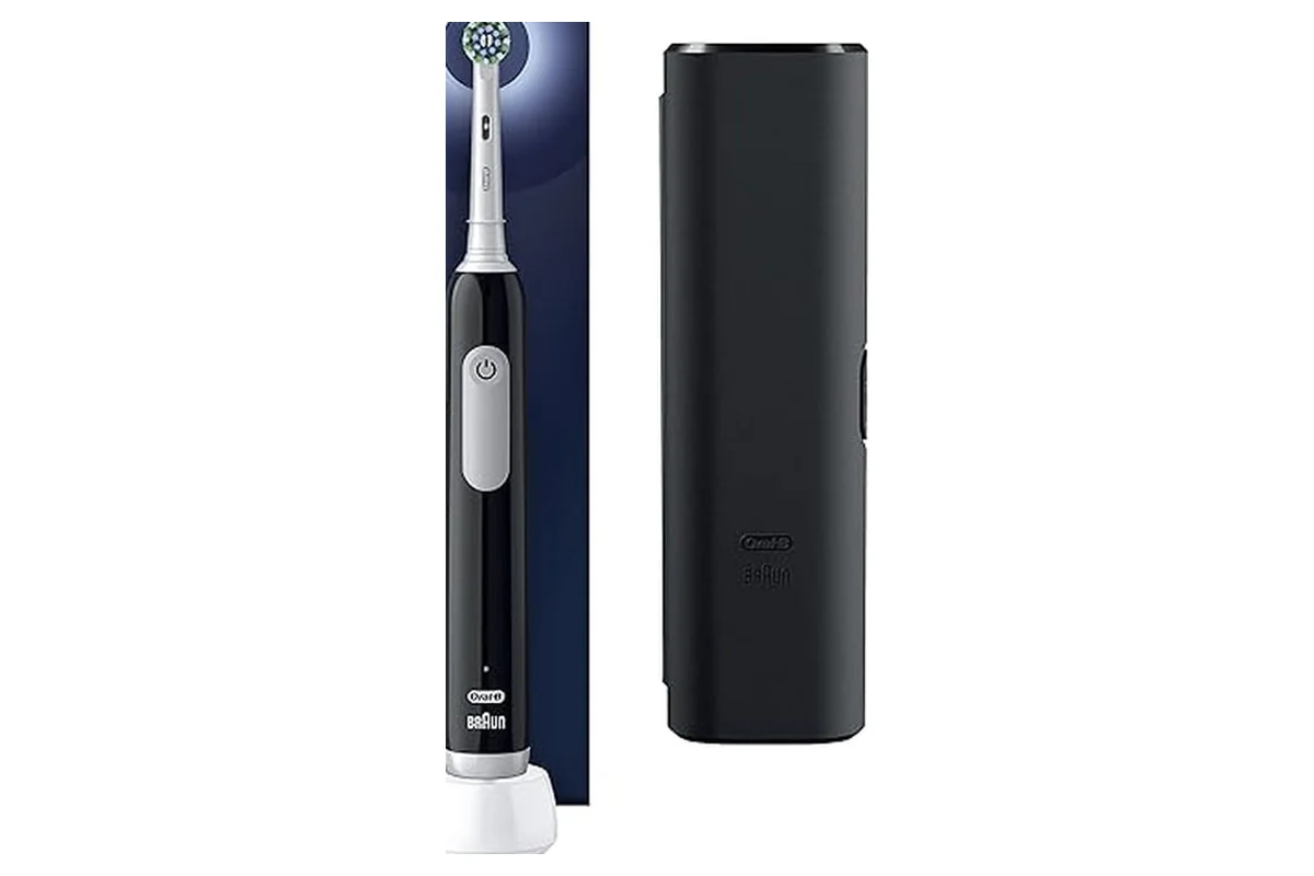 a escova de dentes elétrica da Oral-B ao lado do seu estojo de viagem